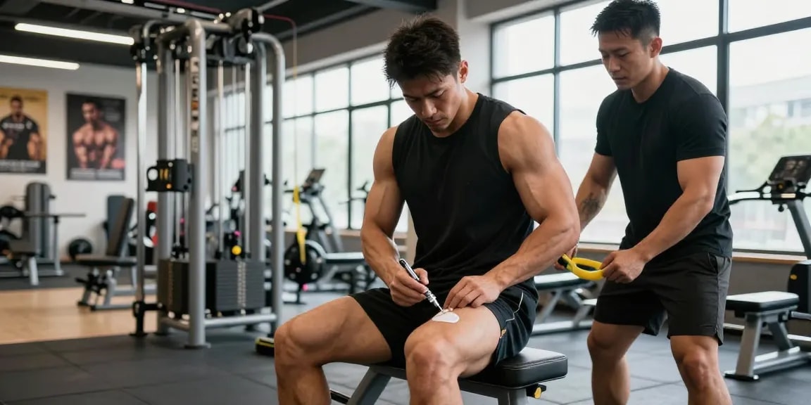Anabolika Shop – Sportler spritzt Anabolika, begleitet von Freund in modernem Fitnessstudio.
