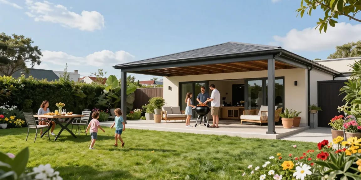 Freistehende Terrassenüberdachung im Garten, perfekter Ort für Familienfeiern.