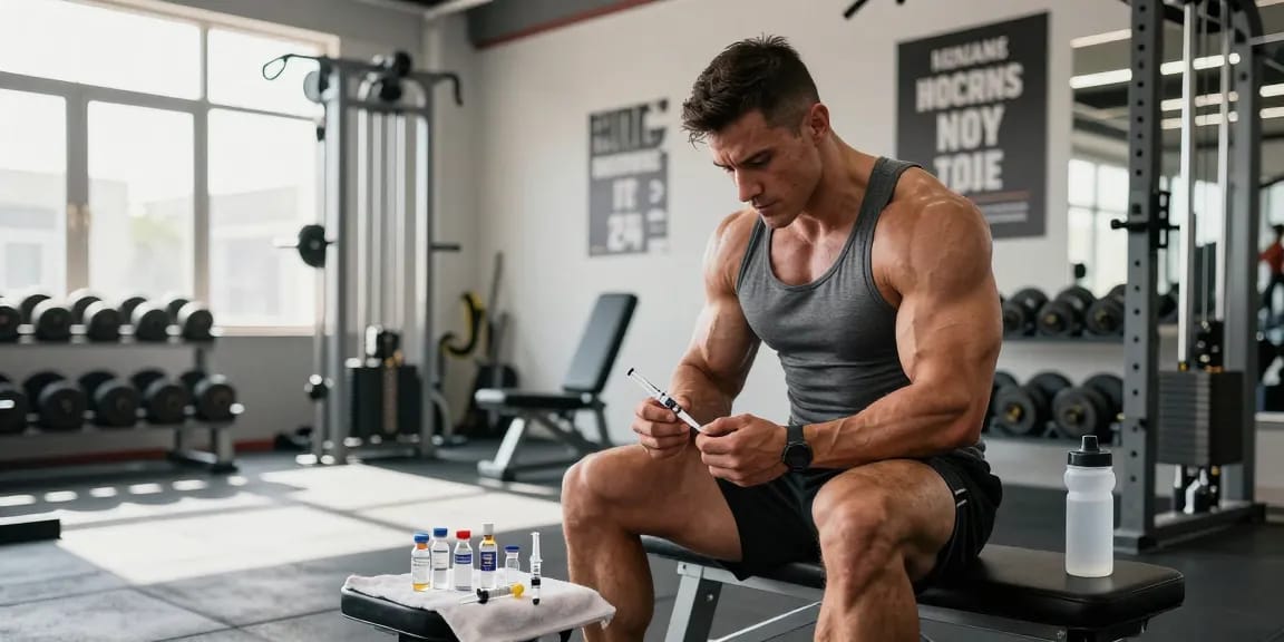 Anabolika Shop: Bodybuilder bereitet sich auf Anabolika-Injektion im Fitnessstudio vor.