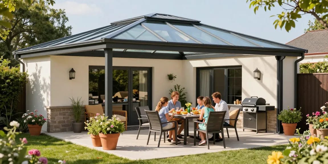 Moderne Terrassenüberdachungen bieten ein ideales Ess- und Entspannungsumfeld im Garten.