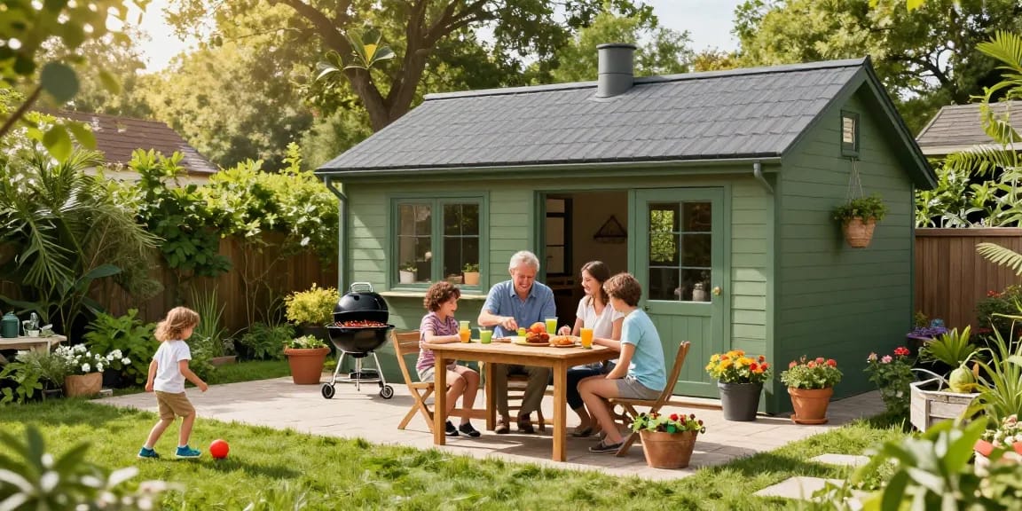 Garten Haus im Familiengarten mit fröhlicher Versammlung und Spielbereich.
