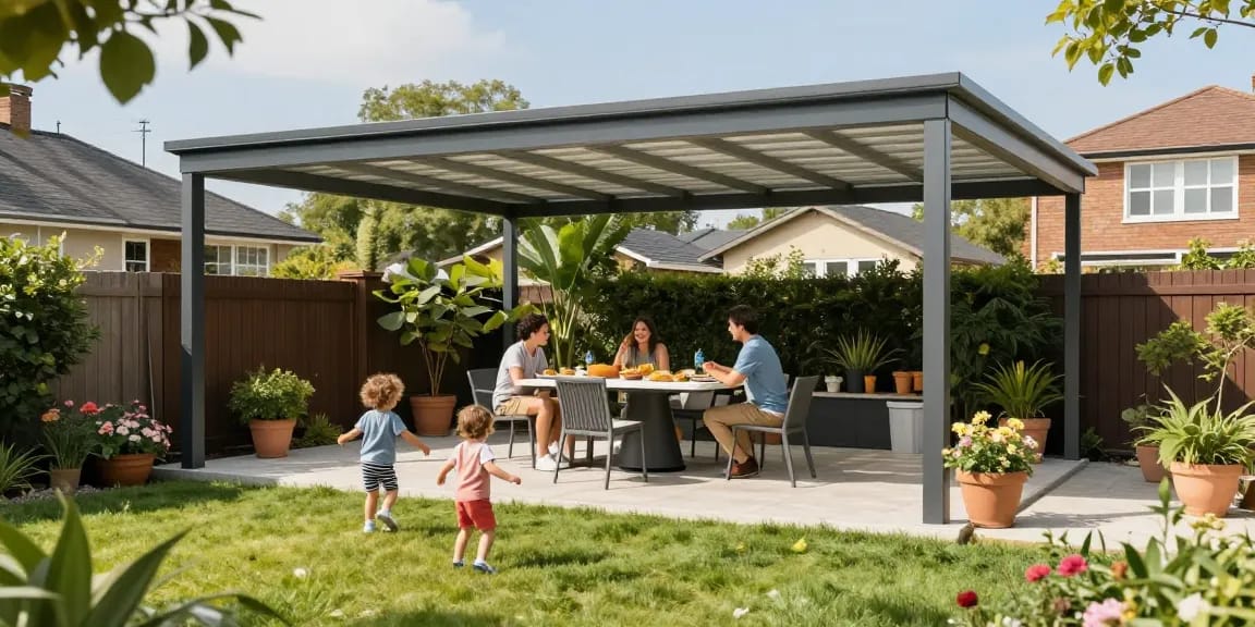 Moderne Terrassenüberdachung, Familie genießt den Sonnenschein im Garten.