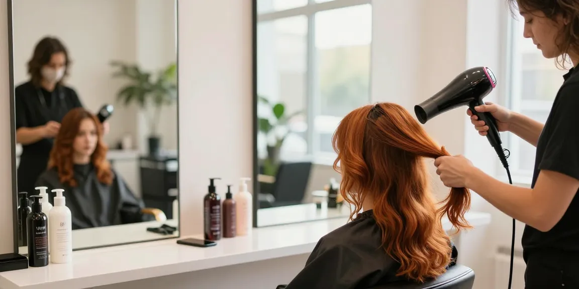 Haartrockner Testsieger Stiftung Warentest in modernem Friseursalon mit stilvollem Stylisten und Pflegeprodukten.