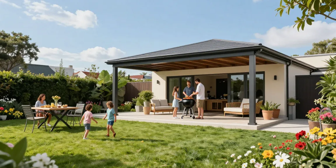 Freistehende Terrassenüberdachung im Garten, perfekter Ort für Familienfeiern.