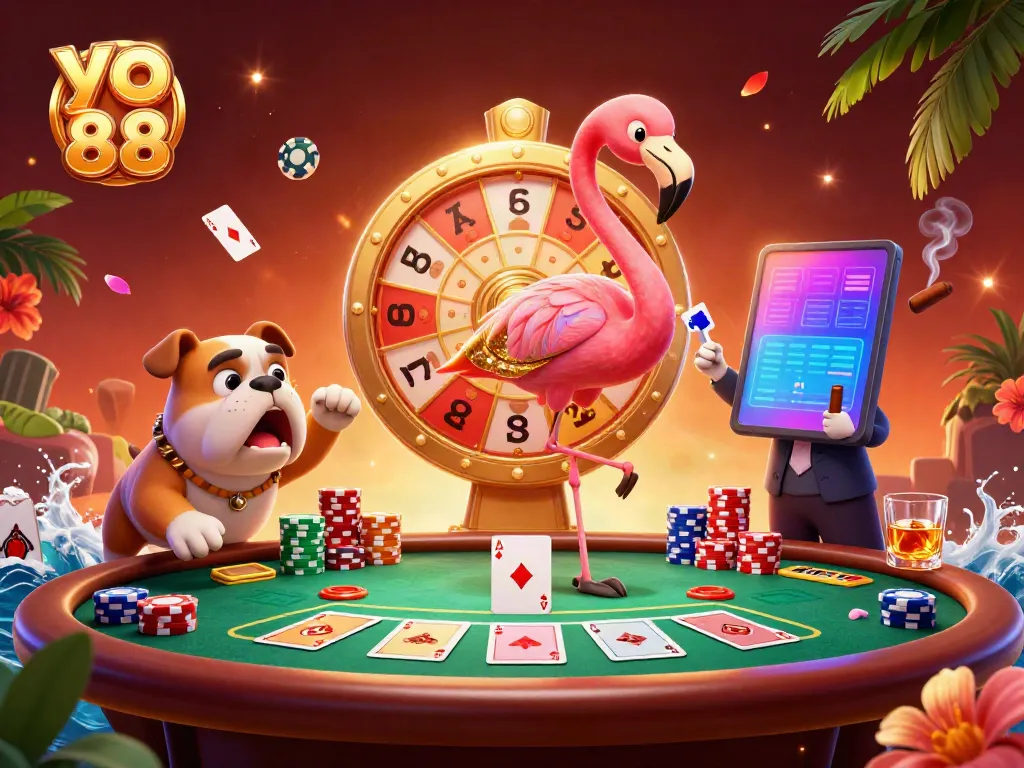 Experience thrilling gameplay at yo 88 with a vibrant 3D illustration showcasing a game show host, bulldog contestant, and prize wheel.