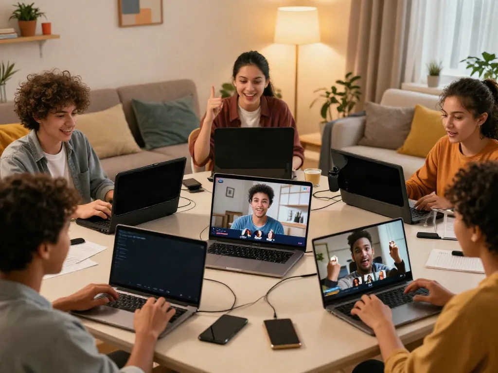 Interactive porn chat scene with diverse users enjoying digital conversations in a cozy setting.