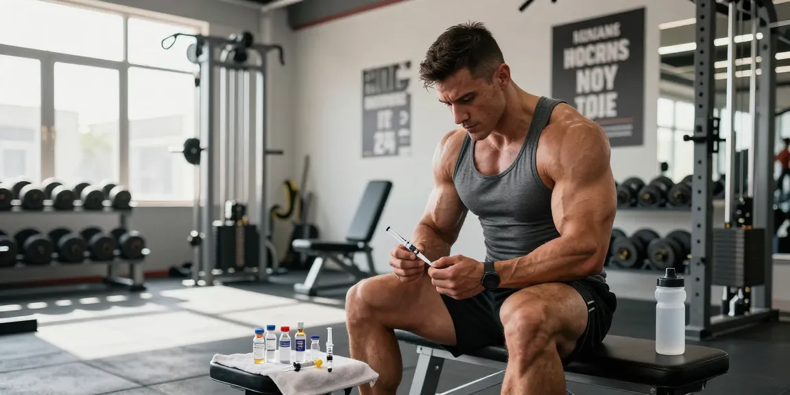 Anabolika Shop: Bodybuilder bereitet sich auf Anabolika-Injektion im Fitnessstudio vor.