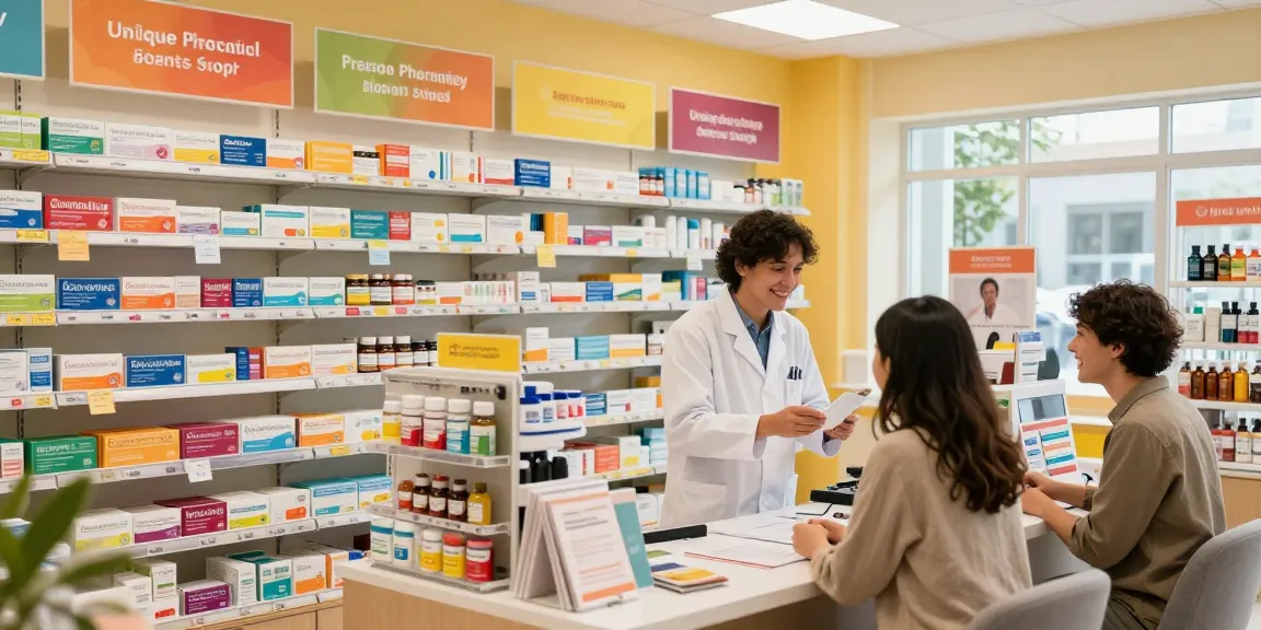 Beratung im Unique Pharma Shop, Kunden wählen Gesundheitsprodukte aus, freundliche Atmosphäre.