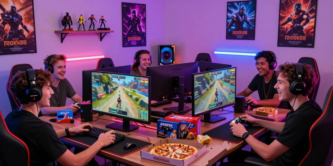 Friends enjoying gaming night with rokok88 titles, vibrant setup, controllers, snacks
