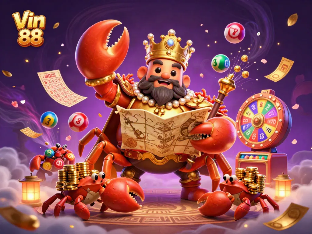 Engage in Vin 88 with a cartoon crab emperor amidst vibrant gambling elements like lottery balls and bingo cards.