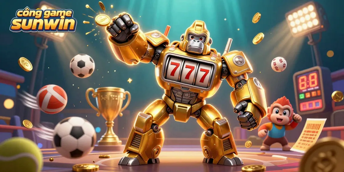 Engage with cổng game sunwin, featuring an explosive 3D illustration of a golden gorilla mech in a dynamic gaming environment.