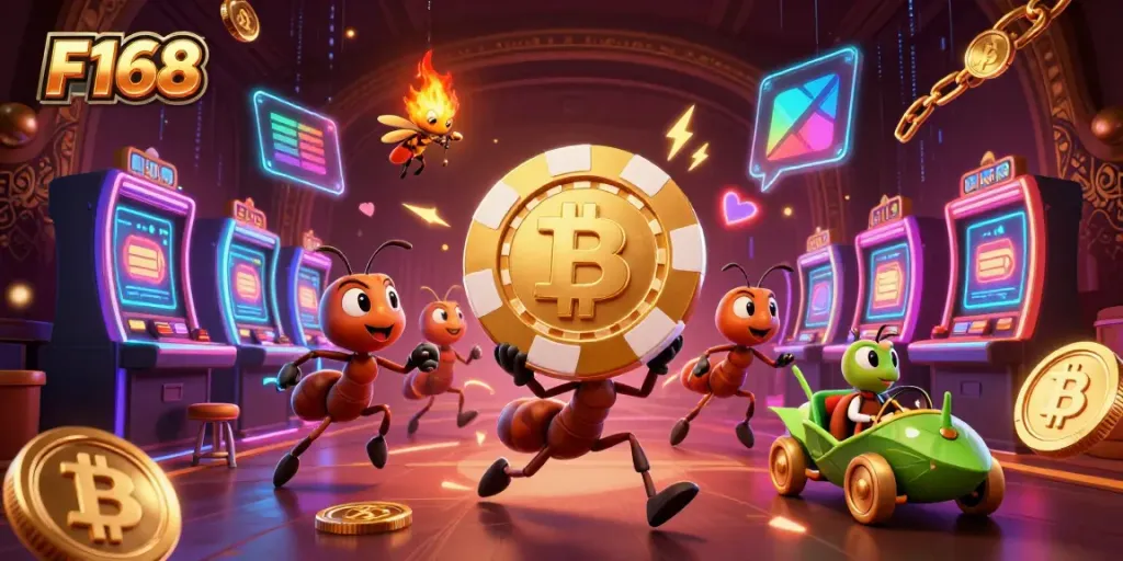 Ants heist at F168 casino with a giant poker chip, Bitcoin, and Ethereum coins scattered about.