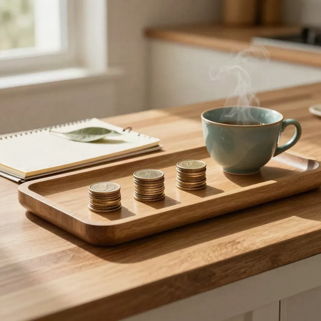 Münzstapel, Teetasse und Budgetplaner auf einer Küchenkommode im Morgenlicht.