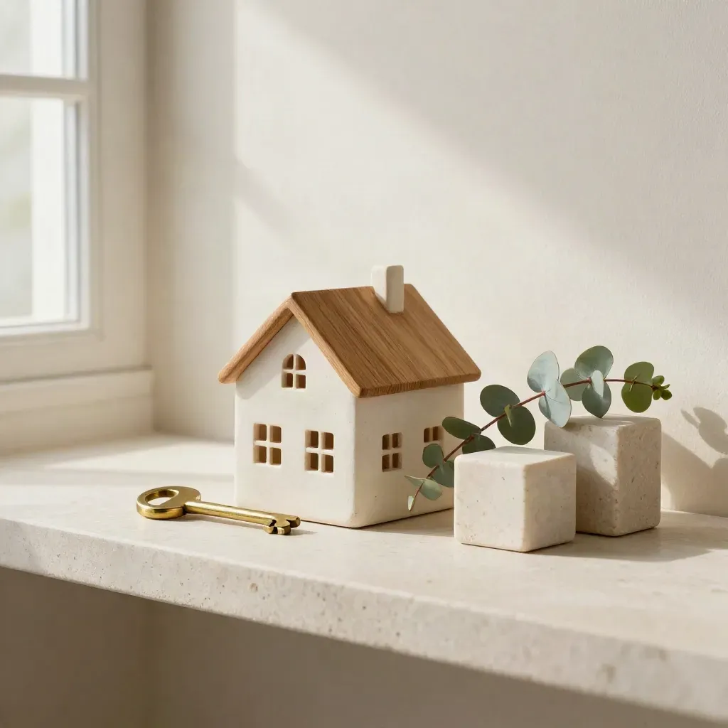 Miniaturhaus, Messing-Schlüssel und Steine mit Eukalyptus auf Steinsims im weichen Licht.