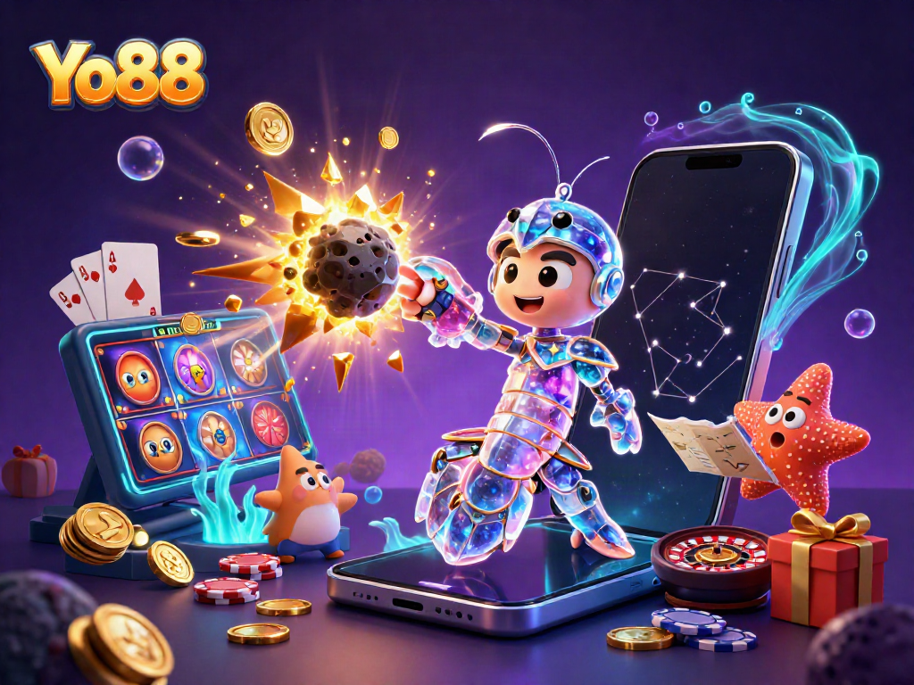 Experience thrilling gameplay with Yo88 as vibrant slot games and treasures burst into view.