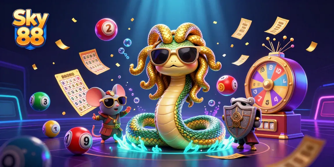 Engage with Sky 88's dynamic lottery scene featuring bouncing balls, golden bingo cards, and vibrant cash rewards.