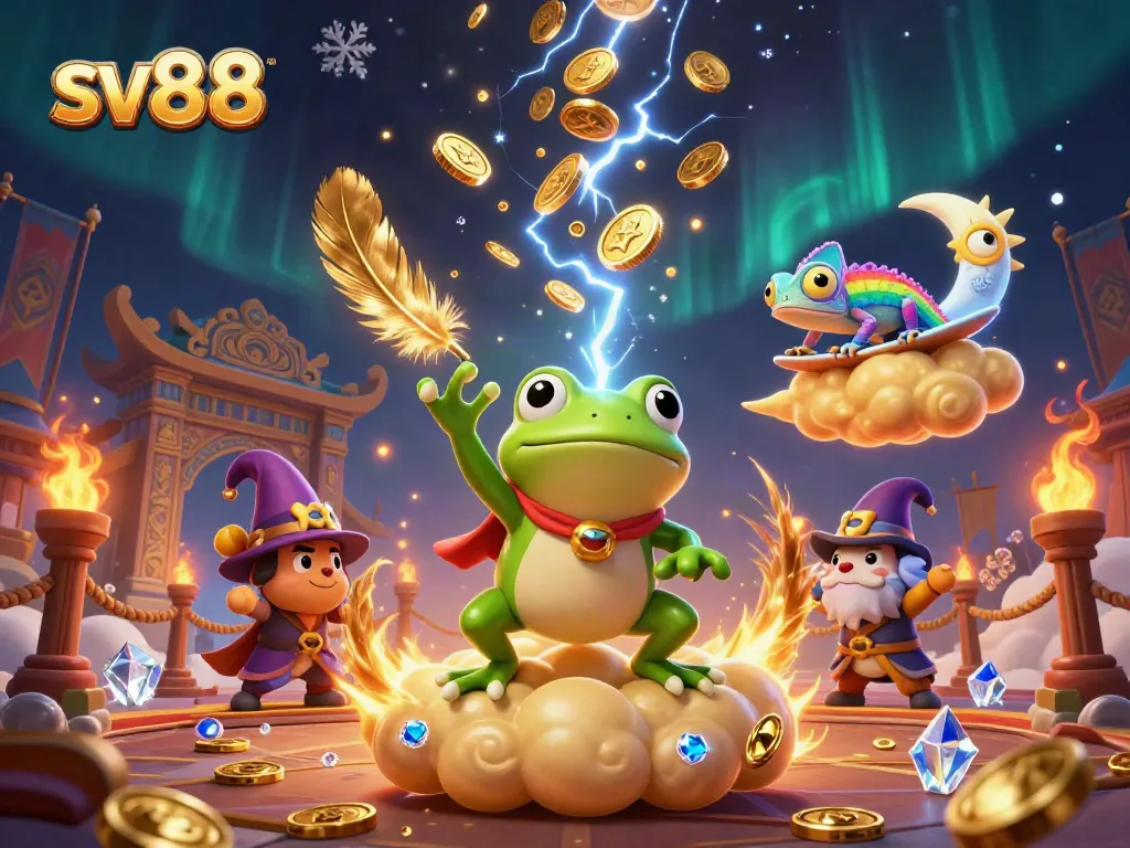 Experience the exciting world of sv88 with golden coins and colorful characters in a vibrant casino scene.