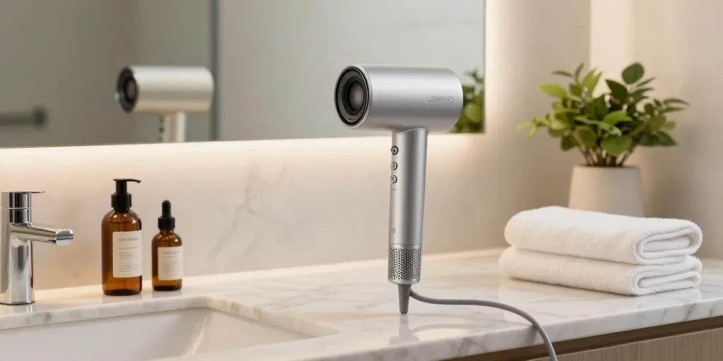 Laifen Air Pro Haartrockner schnelltrocknend auf eleganter Marmoroberfläche im Badezimmer, umgeben von luxuriösen Haarpflegeprodukten.