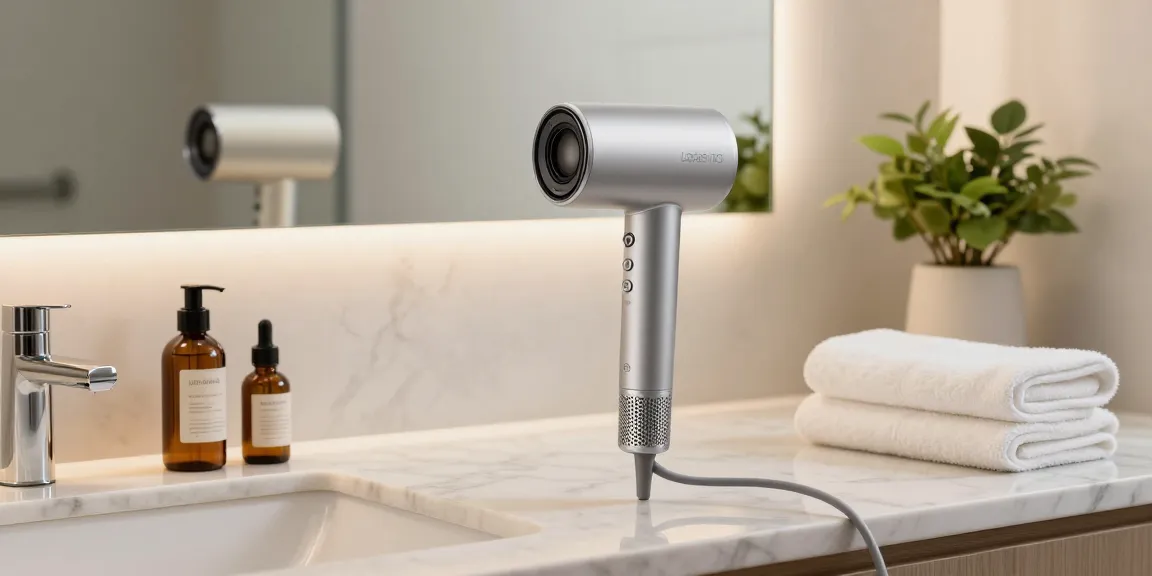 Laifen Air Pro Haartrockner schnelltrocknend auf eleganter Marmoroberfläche im Badezimmer, umgeben von luxuriösen Haarpflegeprodukten.