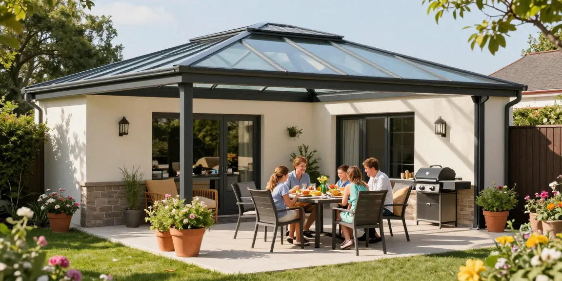 Moderne Terrassenüberdachungen bieten ein ideales Ess- und Entspannungsumfeld im Garten.