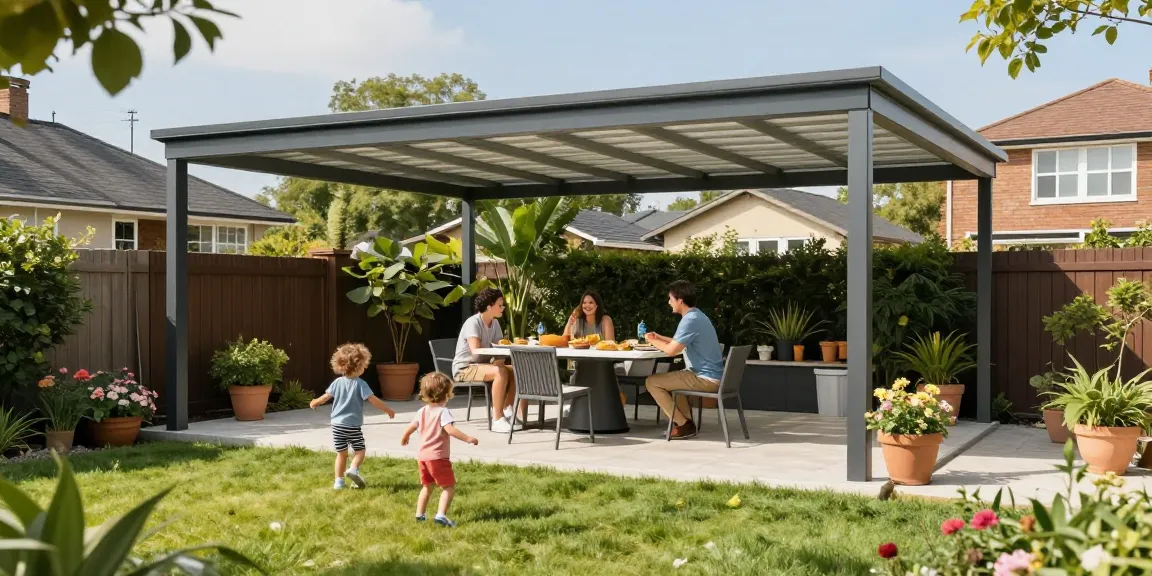 Moderne Terrassenüberdachung, Familie genießt den Sonnenschein im Garten.