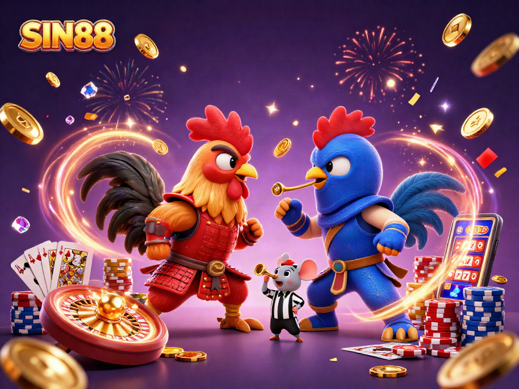 SIN88 showcases a thrilling standoff between roosters, symbolizing competitive gaming, surrounded by casino elements.