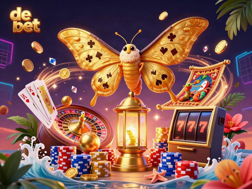 Experience an exhilarating de bet scene with a vibrant 3D moth, casino elements, and gold coins cascading.