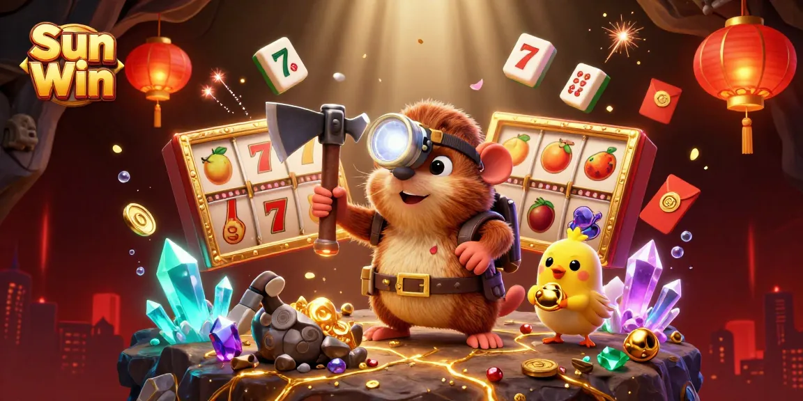 Engage with the Sun Win experience, featuring a treasure hunter mole and vibrant casino elements for an exciting game atmosphere.
