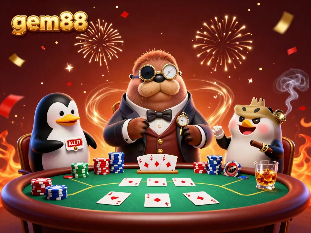 Join the fun at gem88 with a jolly walrus, penguin dealer, and a bluffing pufferfish at the poker table!