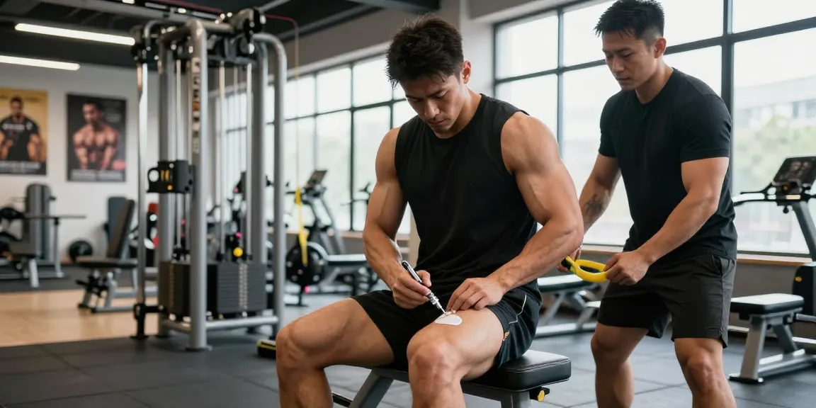 Anabolika Shop – Sportler spritzt Anabolika, begleitet von Freund in modernem Fitnessstudio.