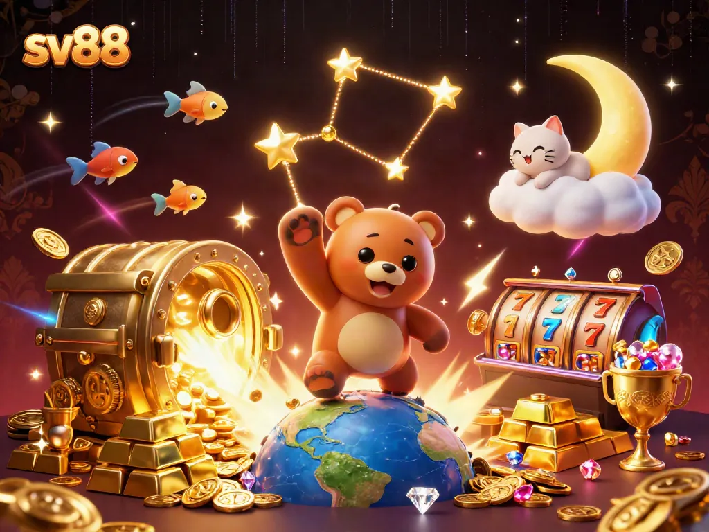 Win big with sv88 as a joyful golden constellation bear scoops coins while surrounded by luxurious gems and slot game excitement.