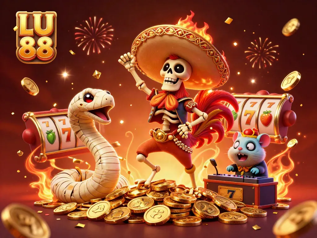 LU 88 celebrates winning at a lively casino scene with vibrant characters, gold coins, and slot reels.