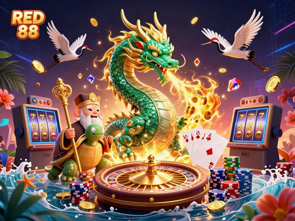 Experience the excitement of RED 88 with a vibrant 3D scene featuring a jade dragon and dynamic casino elements.